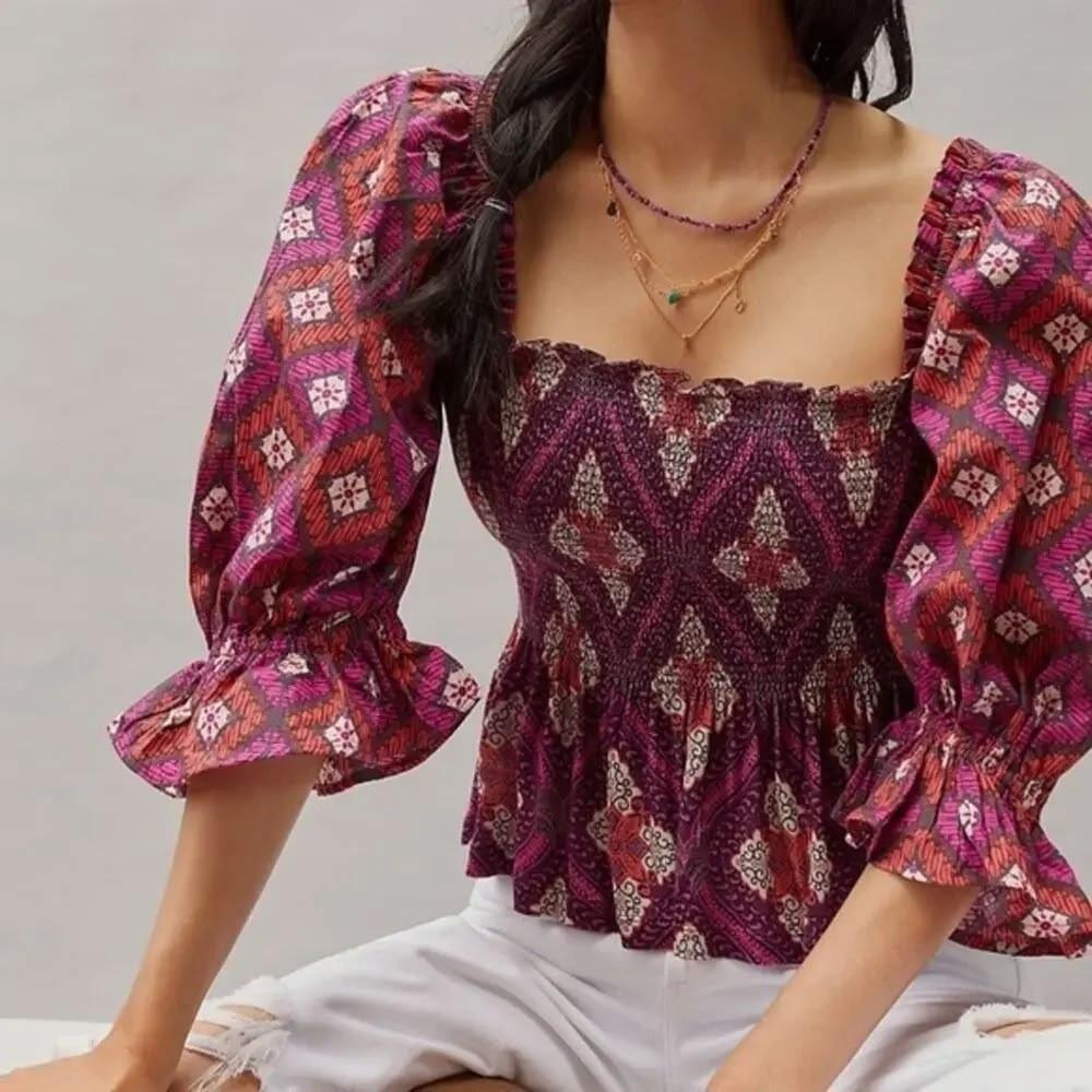Conditions Apply Smocked Puff Sleeve Top Small Boho Geometric Peplum Peasant